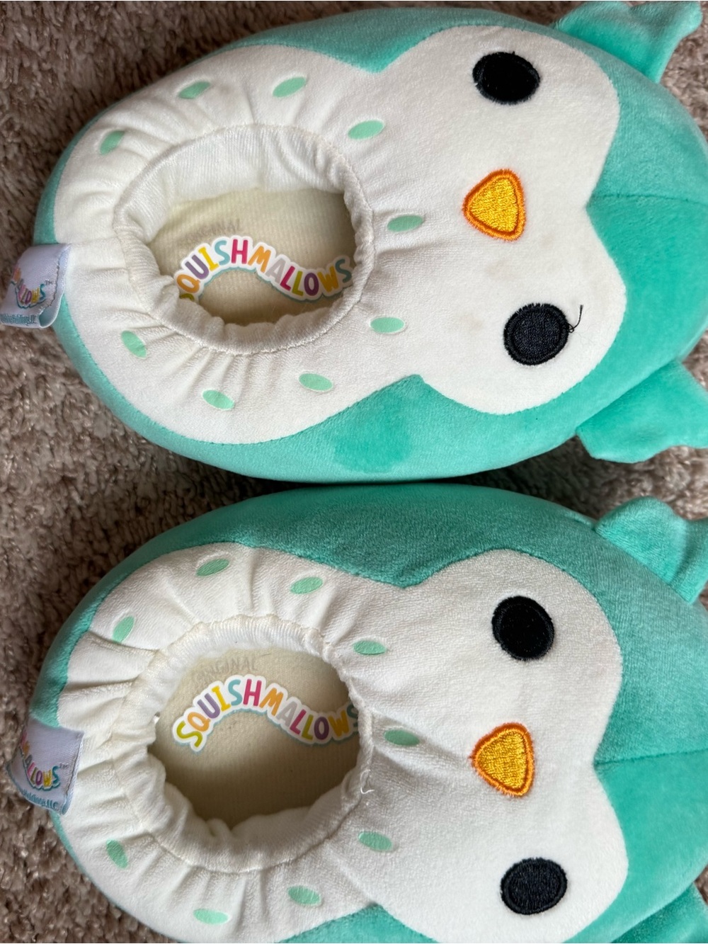 Squishmallows Teal and White Penguin Plush Kids Slippers